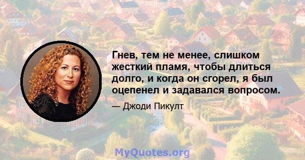 Гнев, тем не менее, слишком жесткий пламя, чтобы длиться долго, и когда он сгорел, я был оцепенел и задавался вопросом.