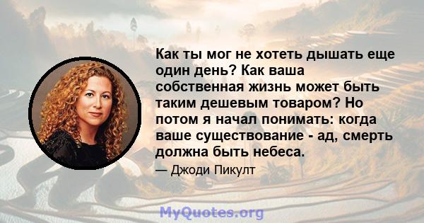 Как ты мог не хотеть дышать еще один день? Как ваша собственная жизнь может быть таким дешевым товаром? Но потом я начал понимать: когда ваше существование - ад, смерть должна быть небеса.