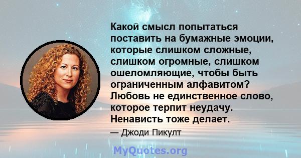 Какой смысл попытаться поставить на бумажные эмоции, которые слишком сложные, слишком огромные, слишком ошеломляющие, чтобы быть ограниченным алфавитом? Любовь не единственное слово, которое терпит неудачу. Ненависть