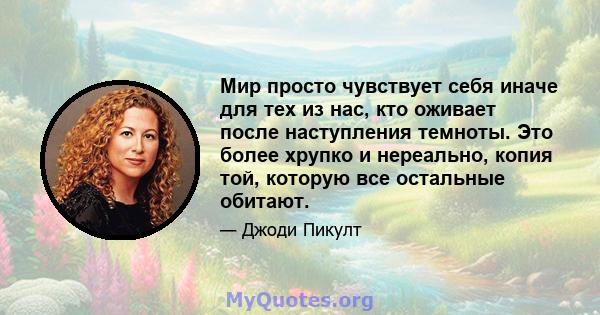 Мир просто чувствует себя иначе для тех из нас, кто оживает после наступления темноты. Это более хрупко и нереально, копия той, которую все остальные обитают.