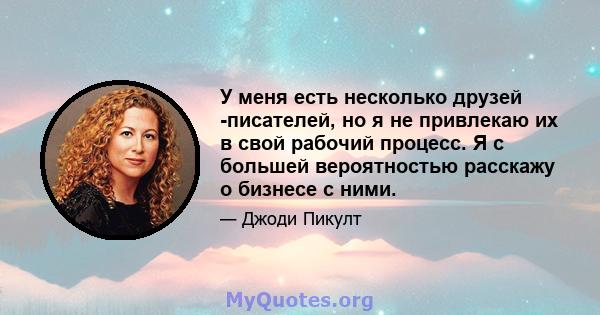 У меня есть несколько друзей -писателей, но я не привлекаю их в свой рабочий процесс. Я с большей вероятностью расскажу о бизнесе с ними.