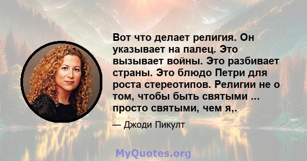 Вот что делает религия. Он указывает на палец. Это вызывает войны. Это разбивает страны. Это блюдо Петри для роста стереотипов. Религии не о том, чтобы быть святыми ... просто святыми, чем я,.