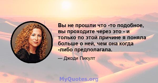 Вы не прошли что -то подобное, вы проходите через это - и только по этой причине я поняла больше о ней, чем она когда -либо предполагала.