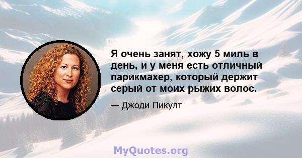 Я очень занят, хожу 5 миль в день, и у меня есть отличный парикмахер, который держит серый от моих рыжих волос.