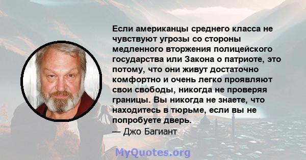 Если американцы среднего класса не чувствуют угрозы со стороны медленного вторжения полицейского государства или Закона о патриоте, это потому, что они живут достаточно комфортно и очень легко проявляют свои свободы,