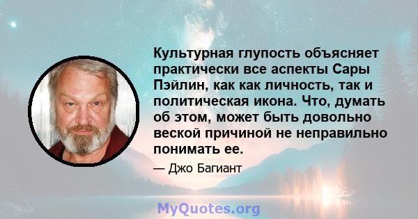 Культурная глупость объясняет практически все аспекты Сары Пэйлин, как как личность, так и политическая икона. Что, думать об этом, может быть довольно веской причиной не неправильно понимать ее.