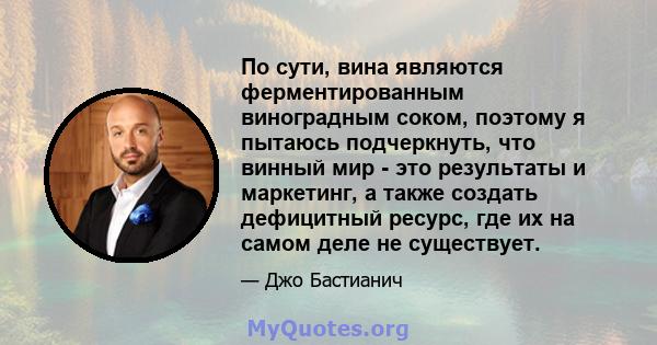 По сути, вина являются ферментированным виноградным соком, поэтому я пытаюсь подчеркнуть, что винный мир - это результаты и маркетинг, а также создать дефицитный ресурс, где их на самом деле не существует.