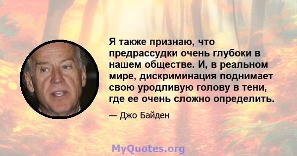 Я также признаю, что предрассудки очень глубоки в нашем обществе. И, в реальном мире, дискриминация поднимает свою уродливую голову в тени, где ее очень сложно определить.