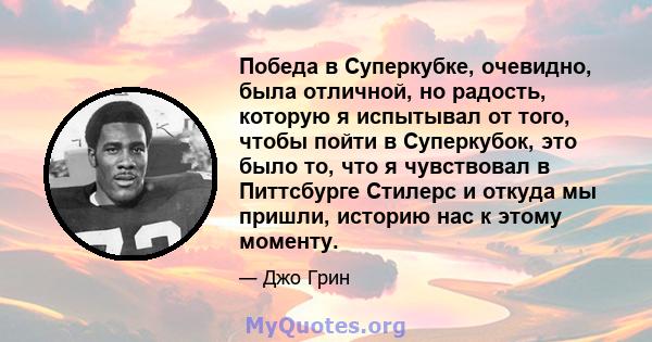 Победа в Суперкубке, очевидно, была отличной, но радость, которую я испытывал от того, чтобы пойти в Суперкубок, это было то, что я чувствовал в Питтсбурге Стилерс и откуда мы пришли, историю нас к этому моменту.