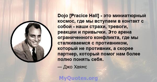 Dojo [Pracice Hall] - это миниатюрный космос, где мы вступаем в контакт с собой - наши страхи, тревоги, реакции и привычки. Это арена ограниченного конфликта, где мы сталкиваемся с противником, который не противник, а