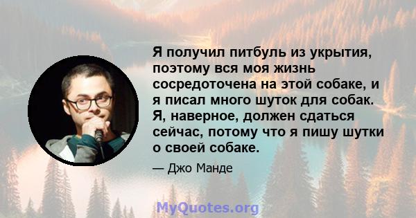 Я получил питбуль из укрытия, поэтому вся моя жизнь сосредоточена на этой собаке, и я писал много шуток для собак. Я, наверное, должен сдаться сейчас, потому что я пишу шутки о своей собаке.