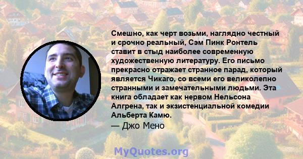 Смешно, как черт возьми, наглядно честный и срочно реальный, Сэм Пинк Ронтель ставит в стыд наиболее современную художественную литературу. Его письмо прекрасно отражает странное парад, который является Чикаго, со всеми 