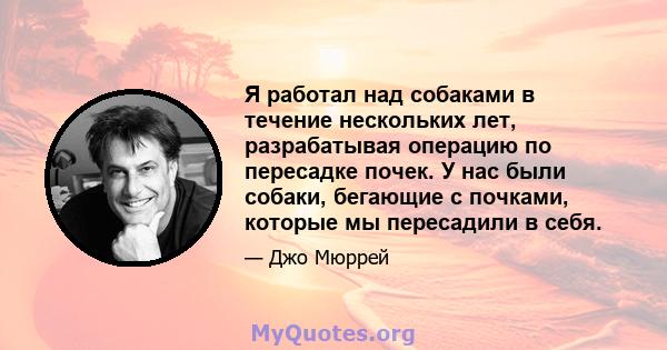 Я работал над собаками в течение нескольких лет, разрабатывая операцию по пересадке почек. У нас были собаки, бегающие с почками, которые мы пересадили в себя.