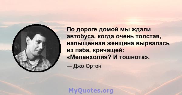 По дороге домой мы ждали автобуса, когда очень толстая, напыщенная женщина вырвалась из паба, кричащей: «Меланхолия? И тошнота».