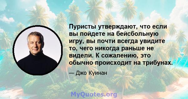 Пуристы утверждают, что если вы пойдете на бейсбольную игру, вы почти всегда увидите то, чего никогда раньше не видели. К сожалению, это обычно происходит на трибунах.