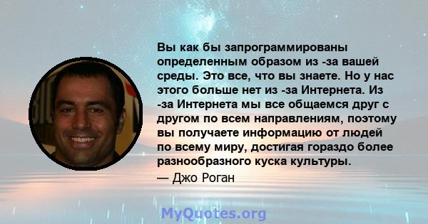 Вы как бы запрограммированы определенным образом из -за вашей среды. Это все, что вы знаете. Но у нас этого больше нет из -за Интернета. Из -за Интернета мы все общаемся друг с другом по всем направлениям, поэтому вы