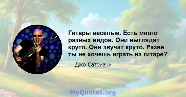 Гитары веселые. Есть много разных видов. Они выглядят круто. Они звучат круто. Разве ты не хочешь играть на гитаре?