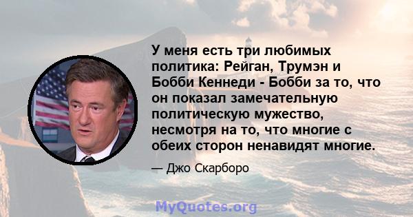 У меня есть три любимых политика: Рейган, Трумэн и Бобби Кеннеди - Бобби за то, что он показал замечательную политическую мужество, несмотря на то, что многие с обеих сторон ненавидят многие.