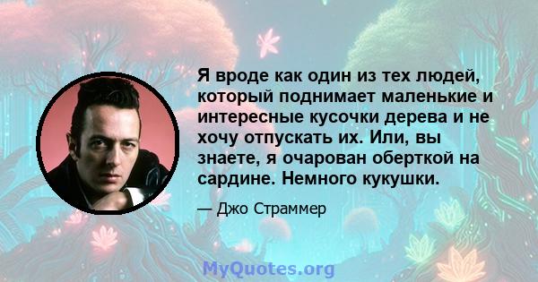 Я вроде как один из тех людей, который поднимает маленькие и интересные кусочки дерева и не хочу отпускать их. Или, вы знаете, я очарован оберткой на сардине. Немного кукушки.