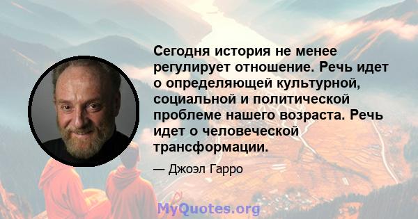 Сегодня история не менее регулирует отношение. Речь идет о определяющей культурной, социальной и политической проблеме нашего возраста. Речь идет о человеческой трансформации.