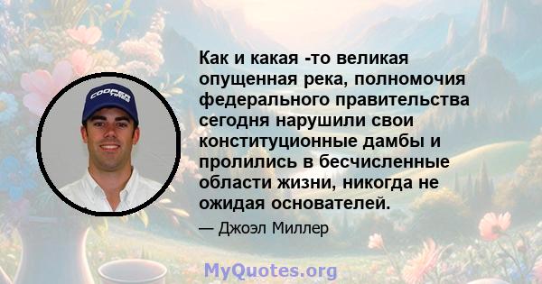 Как и какая -то великая опущенная река, полномочия федерального правительства сегодня нарушили свои конституционные дамбы и пролились в бесчисленные области жизни, никогда не ожидая основателей.