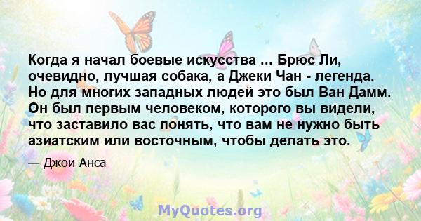 Когда я начал боевые искусства ... Брюс Ли, очевидно, лучшая собака, а Джеки Чан - легенда. Но для многих западных людей это был Ван Дамм. Он был первым человеком, которого вы видели, что заставило вас понять, что вам