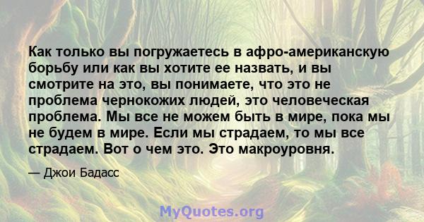 Как только вы погружаетесь в афро-американскую борьбу или как вы хотите ее назвать, и вы смотрите на это, вы понимаете, что это не проблема чернокожих людей, это человеческая проблема. Мы все не можем быть в мире, пока