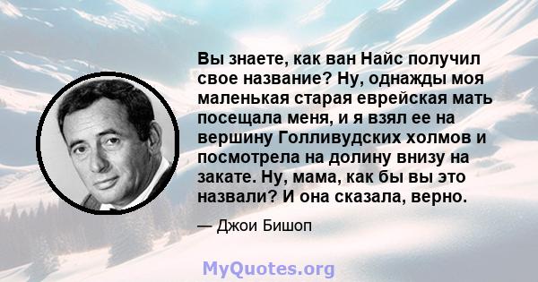 Вы знаете, как ван Найс получил свое название? Ну, однажды моя маленькая старая еврейская мать посещала меня, и я взял ее на вершину Голливудских холмов и посмотрела на долину внизу на закате. Ну, мама, как бы вы это