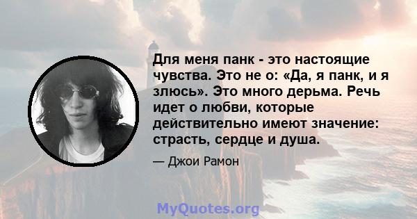 Для меня панк - это настоящие чувства. Это не о: «Да, я панк, и я злюсь». Это много дерьма. Речь идет о любви, которые действительно имеют значение: страсть, сердце и душа.