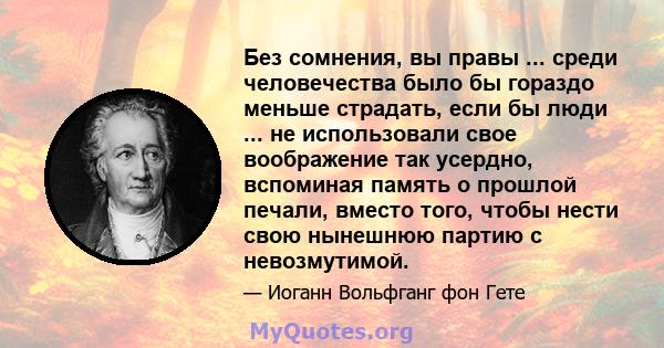 Без сомнения, вы правы ... среди человечества было бы гораздо меньше страдать, если бы люди ... не использовали свое воображение так усердно, вспоминая память о прошлой печали, вместо того, чтобы нести свою нынешнюю