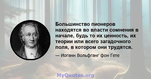 Большинство пионеров находятся во власти сомнения в начале, будь то их ценность, их теории или всего загадочного поля, в котором они трудятся.