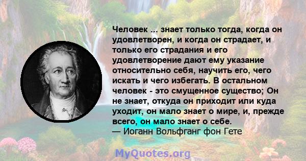 Человек ... знает только тогда, когда он удовлетворен, и когда он страдает, и только его страдания и его удовлетворение дают ему указание относительно себя, научить его, чего искать и чего избегать. В остальном человек