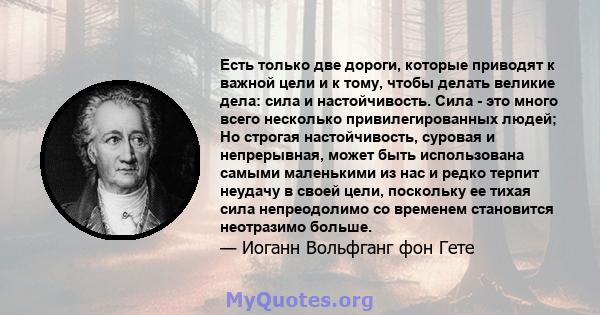 Есть только две дороги, которые приводят к важной цели и к тому, чтобы делать великие дела: сила и настойчивость. Сила - это много всего несколько привилегированных людей; Но строгая настойчивость, суровая и