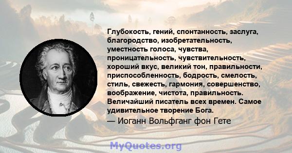 Глубокость, гений, спонтанность, заслуга, благородство, изобретательность, уместность голоса, чувства, проницательность, чувствительность, хороший вкус, великий тон, правильности, приспособленность, бодрость, смелость,