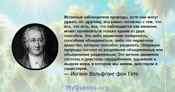 Истинные наблюдатели природы, хотя они могут думать по -другому, все равно согласны с тем, что все, что есть, все, что наблюдается как явление, может проявляться только одним из двух способов. Это либо первичная