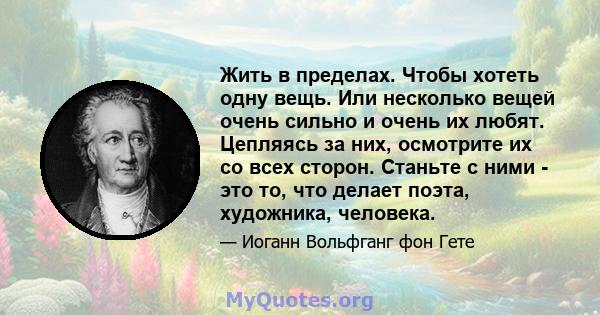 Жить в пределах. Чтобы хотеть одну вещь. Или несколько вещей очень сильно и очень их любят. Цепляясь за них, осмотрите их со всех сторон. Станьте с ними - это то, что делает поэта, художника, человека.