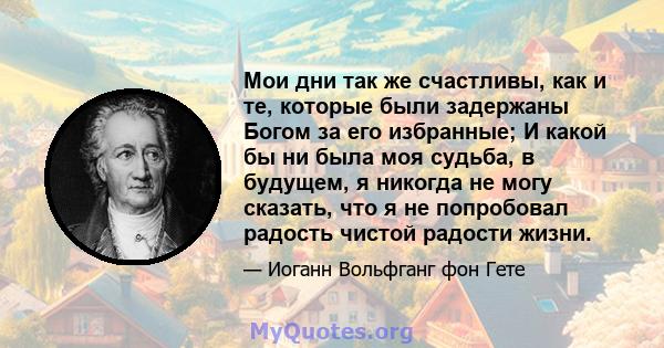 Мои дни так же счастливы, как и те, которые были задержаны Богом за его избранные; И какой бы ни была моя судьба, в будущем, я никогда не могу сказать, что я не попробовал радость чистой радости жизни.