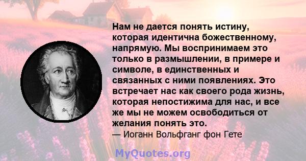 Нам не дается понять истину, которая идентична божественному, напрямую. Мы воспринимаем это только в размышлении, в примере и символе, в единственных и связанных с ними появлениях. Это встречает нас как своего рода