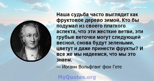 Наша судьба часто выглядит как фруктовое дерево зимой. Кто бы подумал из своего платкого аспекта, что эти жесткие ветви, эти грубые веточки могут следующей весной, снова будут зелеными, цветут и даже принести фрукты? И