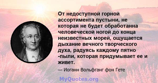 От недоступной горной ассортимента пустыни, не которая не будет обработанна человеческой ногой до конца неизвестных морей, ощущается дыхание вечного творческого духа, радуясь каждому пятно -пыли, которая придумывает ее