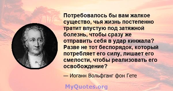 Потребовалось бы вам жалкое существо, чья жизнь постепенно тратит впустую под затяжной болезнь, чтобы сразу же отправить себя в удар кинжала? Разве не тот беспорядок, который потребляет его силу, лишает его смелости,