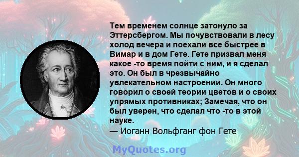 Тем временем солнце затонуло за Эттерсбергом. Мы почувствовали в лесу холод вечера и поехали все быстрее в Вимар и в дом Гете. Гете призвал меня какое -то время пойти с ним, и я сделал это. Он был в чрезвычайно