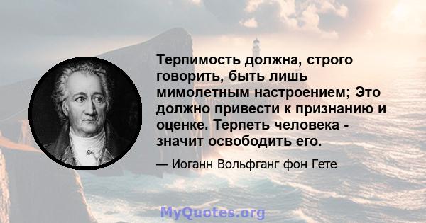 Терпимость должна, строго говорить, быть лишь мимолетным настроением; Это должно привести к признанию и оценке. Терпеть человека - значит освободить его.