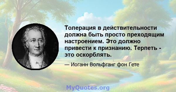 Толерация в действительности должна быть просто преходящим настроением. Это должно привести к признанию. Терпеть - это оскорблять.