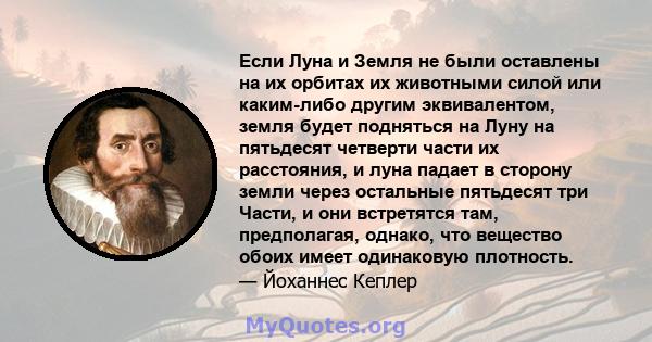 Если Луна и Земля не были оставлены на их орбитах их животными силой или каким-либо другим эквивалентом, земля будет подняться на Луну на пятьдесят четверти части их расстояния, и луна падает в сторону земли через