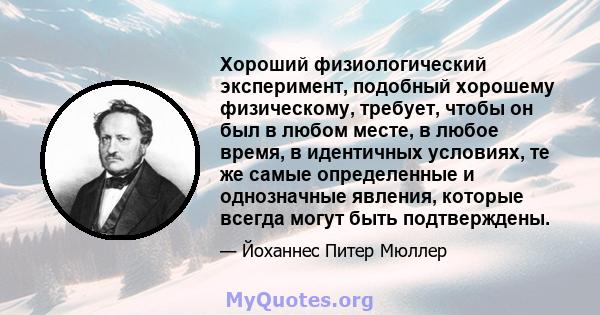 Хороший физиологический эксперимент, подобный хорошему физическому, требует, чтобы он был в любом месте, в любое время, в идентичных условиях, те же самые определенные и однозначные явления, которые всегда могут быть