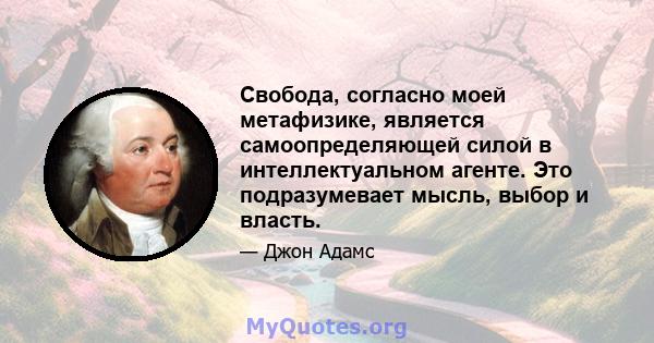 Свобода, согласно моей метафизике, является самоопределяющей силой в интеллектуальном агенте. Это подразумевает мысль, выбор и власть.