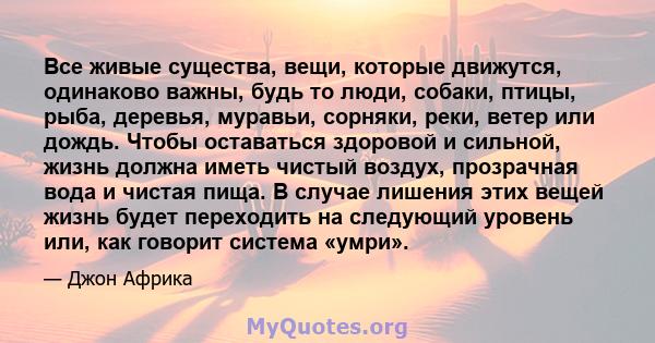 Все живые существа, вещи, которые движутся, одинаково важны, будь то люди, собаки, птицы, рыба, деревья, муравьи, сорняки, реки, ветер или дождь. Чтобы оставаться здоровой и сильной, жизнь должна иметь чистый воздух,