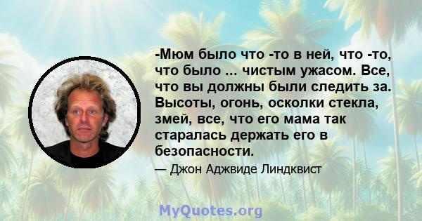 -Мюм было что -то в ней, что -то, что было ... чистым ужасом. Все, что вы должны были следить за. Высоты, огонь, осколки стекла, змей, все, что его мама так старалась держать его в безопасности.