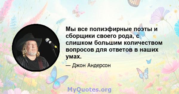 Мы все полиэфирные поэты и сборщики своего рода, с слишком большим количеством вопросов для ответов в наших умах.